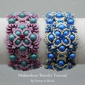 May include: Two beaded bracelets, one in shades of pink, teal, and burgundy, and the other in shades of blue and silver. The bracelets are displayed on a white surface. The text "Malmesbury Bracelet Tutorial By Poetry in Beads" is below the bracelets.