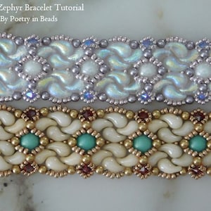 May include: Two beaded bracelets, one with white and iridescent beads and the other with white, turquoise, gold, and red beads. The bracelets are made with a Celtic Zephyr pattern.