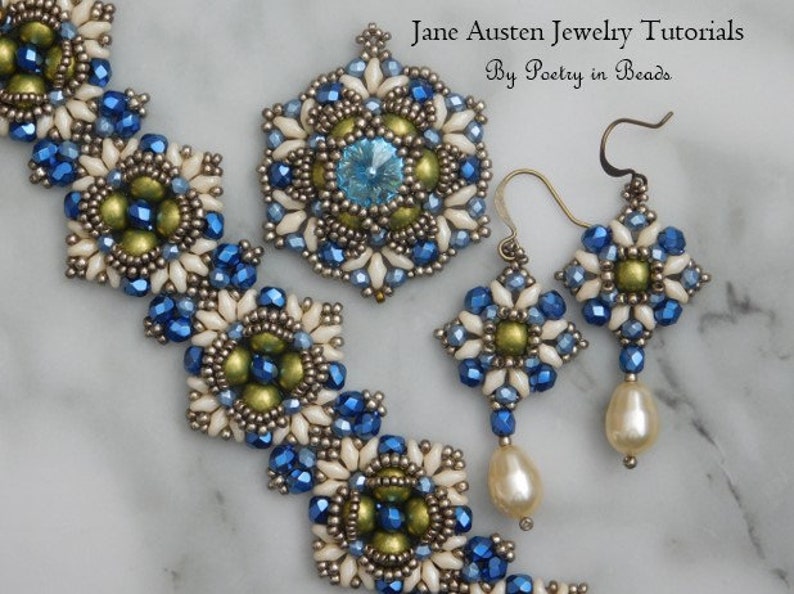 3 kralen sieradenpatronen, Jane Austen sieradenpatronen, kralenweven, kralenwerk, sieraden maken, kralenhandleiding, 10 mm Rivoli, rocailles afbeelding 2