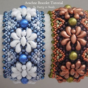 May include: Two beaded bracelets with a floral design. The bracelet on the left is blue and white, while the bracelet on the right is brown, green, and purple. Arachne Bracelet Tutorial by Poetry in Beads.