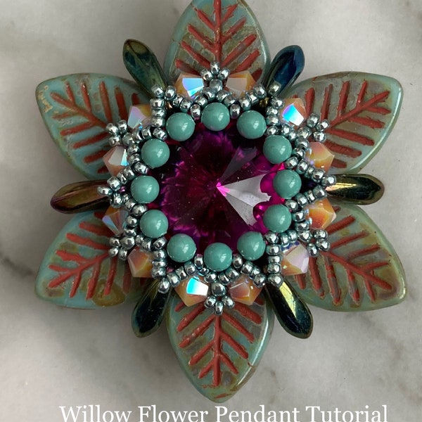 Willow Flower Beading Tutorial, Jewelry Pendant, Pattern, Instructions, Beadweaving, Necklace, Beaded, Lunasoft,  Czech Leaf, Swarovski