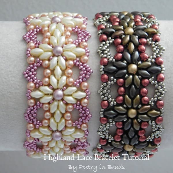 Highland Lace Bracelet Tutorial, Beading Tutorial, Lace Bracelet Pattern, Beadweaving Pattern, Superduo, Pearl Bracelet, Beaded Jewelry, PDF