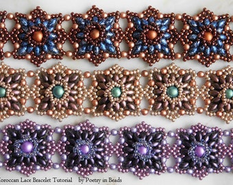 Beading Tutorial, Moroccan Lace Bracelet Tutorial, Beaded Jewelry, Bracelet Pattern, Superduo, Seed Beads, Beadweaving Tutorial, Moroccan