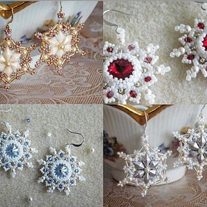 May include: A collection of handmade snowflake earrings. The earrings feature intricate beadwork in various colors, including gold, white, silver, and red. Some have a central gem, while others have a floral design. The earrings are displayed on a neutral background.