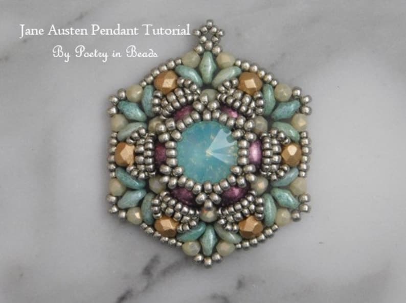 Jewelry Tutorial, Jane Austen Pendant Tutorial, Jewelry Making, Pendant Pattern, 10mm Rivoli, Seed Beads, Superduo, Jewelry Making, PDF zdjęcie 3