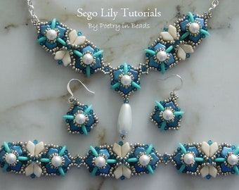 Beading Tutorials, Sego Lily Tutorials, Earrings, Bracelet, Necklace, Ginkgo Bead, Kite Bead, Crescent Bead, Beadweaving Pattern, Swarovski