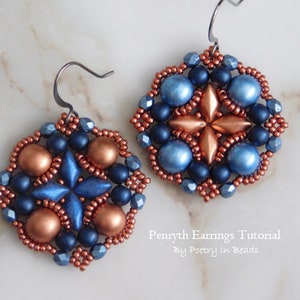 Beading Tutorial, Penryth Earrings Tutorial, Beading Pattern, Beaded Jewelry, Gemduo, Czechmates Cabochon, Seed Beads, Beadweaving Pattern