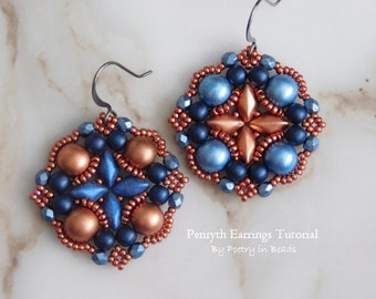 Beading Tutorial, Penryth Earrings Tutorial, Beading Pattern, Beaded Jewelry, Gemduo, Czechmates Cabochon, Seed Beads, Beadweaving Pattern