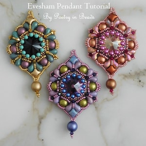 May include: Three beaded pendants with a teardrop shape and a round center piece. The pendants are in shades of teal, purple, and pink with gold accents. The center pieces are clear, black, and purple.