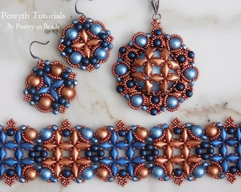 3 Beading Tutorials, Penryth Tutorials, Bracelet, Pendant, Earrings, Beadweaving, Diamonduo, Gemduo, Czechmates Cabochon, Beading Pattern