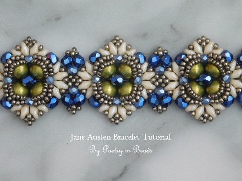 3 kralen sieradenpatronen, Jane Austen sieradenpatronen, kralenweven, kralenwerk, sieraden maken, kralenhandleiding, 10 mm Rivoli, rocailles afbeelding 5