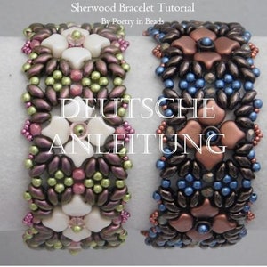 Peut inclure: Deux bracelets en perles, l'un avec des perles blanches et brunes, l'autre avec des perles cuivrées et bleues. Les deux bracelets sont faits de perles de rocaille et présentent un motif floral. Le texte "DEUTSCHE ANLEITUNG" est visible au centre de l'image.