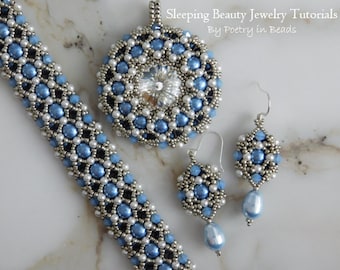3 Beading Tutorials, Sleeping Beauty Jewelry Tutorials, Beadweaving Tutorial, Beaded Jewelry Pattern, Beadwork, 18mm rivoli, Seed Beads, PDF
