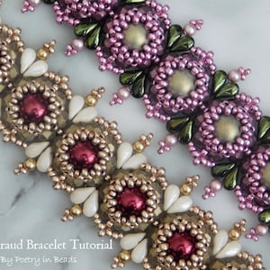 May include: Two beaded bracelets with intricate designs. The top bracelet features pink and green beads, while the bottom bracelet features gold, white, and red beads. The bracelets are both made with seed beads and feature a variety of shapes and sizes.