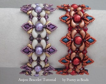 Modèle de bracelet Anjou, modèle de bijoux en perles, tutoriel de bracelet de perles, modèle de perles, cabochon 2 trous, Diamonduo, Dropduo, Zoliduo, toupie