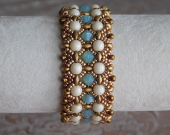 Beaded Bracelet Tutorial, Queen Elizabeth II Bracelet Pattern, Instructions, Superduo, Beadweaving, Swarvoski bicone, 6mm pearl, Jewelry