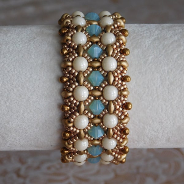 Beaded Bracelet Tutorial, Queen Elizabeth II Bracelet Pattern, Instructions, Superduo, Beadweaving, Swarvoski bicone, 6mm pearl, Jewelry