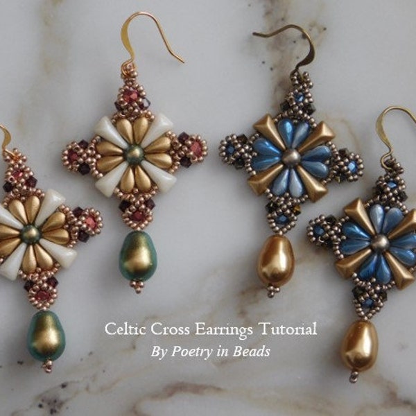 Beaded Earrings Tutorial, Celtic Cross Earrings Tutorial, Vexolo, Dropduo, Jewelry Making, Beading Pattern, Handmade Earrings, Beadweaving