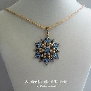 Zelfstudie kralenhanger, kralenpatroon, winterhanger zelfstudie, sneeuwvlokketting, Zoliduo, Irisduo, Dropduo, Swarovski Chaton, pdf