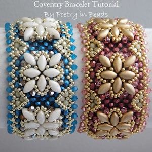May include: Two beaded bracelets with a floral design. One bracelet is blue, gold, and white, and the other is pink, gold, and white. The bracelets are made with seed beads and larger, flat, oval beads. The bracelets are on a white surface. The text "Coventry Bracelet Tutorial By Poetry in Beads" is above the bracelets.