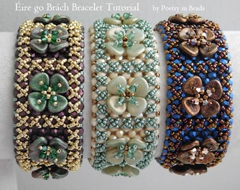 Beading Tutorial, Eire Go Brach Bracelet Tutorial, Beaded Bracelet, Beadweaving, 7x8mm Rose Petal, Irish Bracelet 4 Leaf Clover, Beadweaving