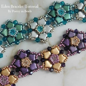May include: A close-up of three beaded bracelets with different colour combinations. The bracelets feature a flower design with silver, gold, teal, purple, and clear beads.