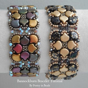 May include: Two beaded bracelets with a floral design. The bracelet on the left has a mix of gold, red, purple, and green beads. The bracelet on the right has gold and black beads.