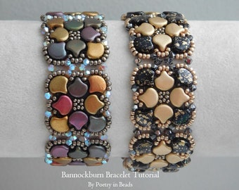 Zelfstudie kralenarmband, Bannockburn-armband, armbandpatroon, kralenweven, ginkgo-kraal, ginko-kraal, rijginstructies, Swarovski bicone