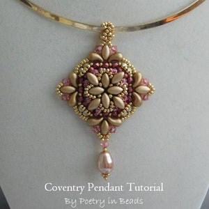 May include: A gold and pink beaded pendant necklace with a square-shaped pendant and a single pearl drop. The pendant is made with seed beads and features a floral design. The necklace is called "Coventry Pendant Tutorial by Poetry in Beads".
