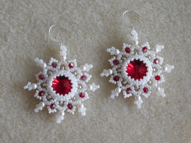 Beading Earring Tutorial, Beaded Pattern, Snowflake Earring Tutorial, Beadweaving, Swarovski Rivoli, Bicone, Winter, Christmas Earrings, PDF image 1