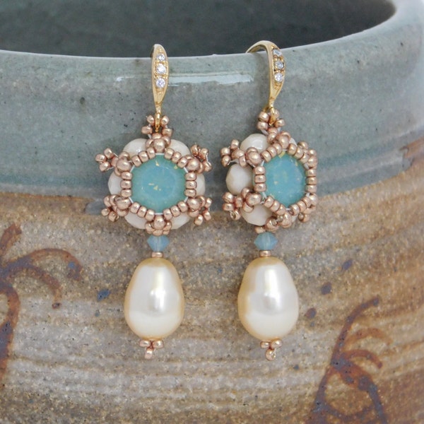 Tutorial de pendientes, patrón de cuentas, instrucciones, Swarovski, tejido de cuentas, perlas, cuentas, chatón, PDF, descarga digital