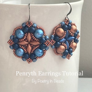 May include: A pair of blue and copper beaded earrings with a starburst design. The earrings are hanging from silver hooks. The text "Penryth Earrings Tutorial By Poetry in Beads" is visible below the earrings.