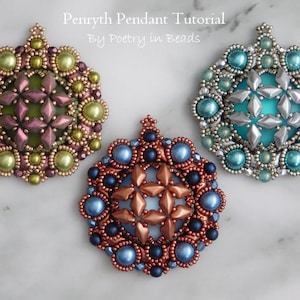 May include: Three beaded pendants in different color combinations. The pendants feature a central star-shaped design with a surrounding border of beads. The colors are green, copper, and blue.