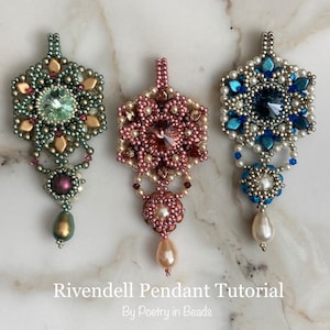 May include: Three beaded pendants in different colors, each with a crystal center and a dangling pearl. The pendants are green, pink, and blue. The image is titled "Rivendell Pendant Tutorial by Poetry in Beads".