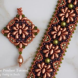 May include: A beaded pendant and bracelet set. The pendant is a square shape with a copper-colored floral design, green and purple accents, and a pearlescent drop. The bracelet features a similar design with copper flowers and green beads. Text: Arachne Pendant Tutorial By Poetry in Beads.