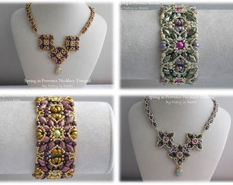 2 Beading Tutorials, Spring in Provence, Bracelet tutorial, Necklace Tutorial, Diamonduo, Gemduo, Firepolish, Teacup Beads, Beading Pattern