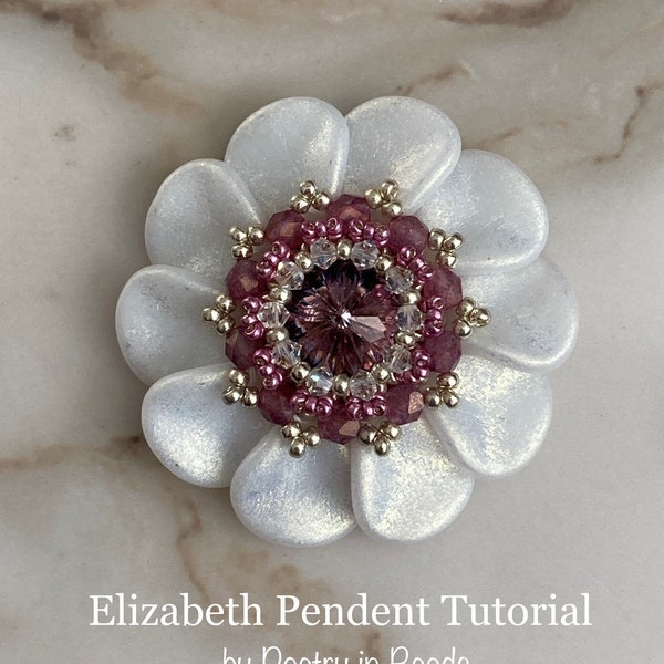 Bead Pendant, Elizabeth Pendant Tutorial, Pattern, Instructions, Jewelry, Swarovski, Flower, Rivoli, Beadweaving, Czech Petal, Necklace, PDF