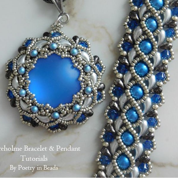 Tutorial para pulsera y colgante de cuentas, Tutoriales Skyreholme, Patrón de abalorios, Lunasoft Cabochon, Zoliduo, Dropduo, Swarovski, Tejido de cuentas