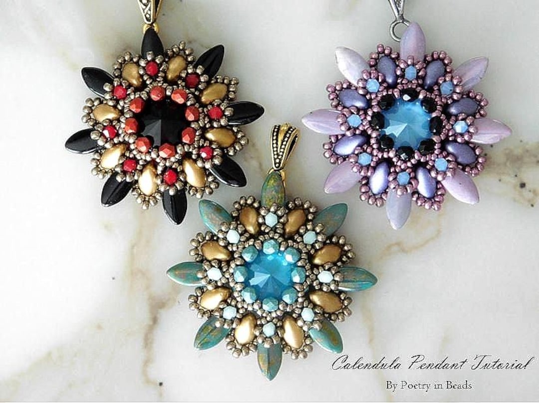 Beaded Flower Pendant Tutorial, Beading Pattern, Calendula Pendant ...