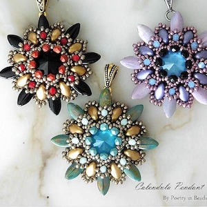 May include: Three beaded flower pendants with crystal centers. The pendants are in shades of red, blue, and purple.