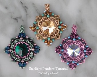 Jewelry Tutorial, Starlight Pendant Tutorial, Beading Pattern, Necklace Pattern, Superduo, 18mm rivoli, Beadweaving, DIY Jewelry Making, PDF