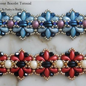 May include: Two beaded bracelets. The top bracelet features blue and purple beads with silver accents. The bottom bracelet showcases red, black, and white beads with gold accents. The text "Agincourt Bracelet Tutorial" and "By Poetry in Beads" is visible.