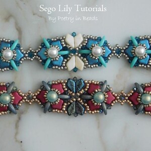 May include: Two beaded bracelets, one with white and blue beads, the other with red and blue beads. The bracelets are both made with seed beads and feature a flower design. The text "Sego Lily Tutorials By Poetry in Beads" is visible above the bracelets.