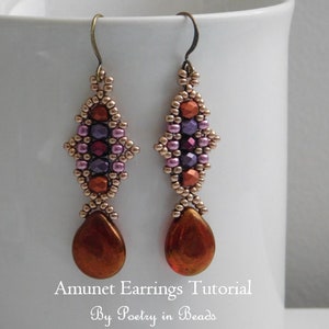 May include: A pair of long, beaded earrings with a teardrop-shaped pendant. The earrings are made with small, colorful beads in shades of pink, purple, red, and brown. The teardrop pendants are a shiny copper color. The earrings are displayed against a white background. Amunet Earrings Tutorial by Poetry in Beads.