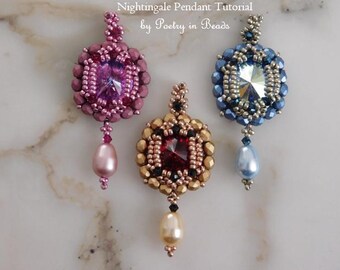Beaded Jewelry, Nightingale Pendant Tutorial, Beading Pattern, Beadwork, Beadweaving, 18mm rivoli, Seed Bead Jewelry, PDF