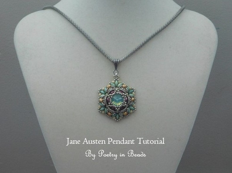 Jewelry Tutorial, Jane Austen Pendant Tutorial, Jewelry Making, Pendant Pattern, 10mm Rivoli, Seed Beads, Superduo, Jewelry Making, PDF zdjęcie 5