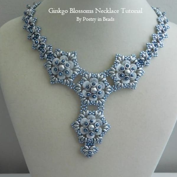 Beaded Necklace Tutorial, Ginkgo Blossoms Necklace, Beading Necklace Pattern, Ginkgo Bead, Ginko Bead, Superduo, Beadweaving, Bead Tutorial