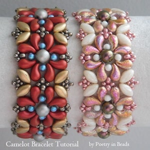 May include: Two beaded bracelets with a floral design. The bracelet on the left is red, gold, and blue. The bracelet on the right is white, pink, and brown. The bracelets are on a white surface. "Camelot Bracelet Tutorial by Poetry in Beads"
