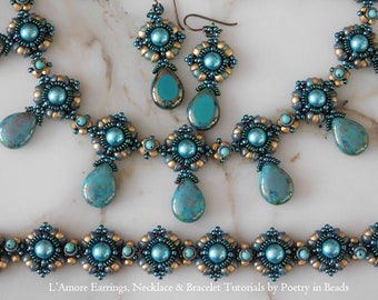 3 Beading Tutorials, L'Amore Necklace, Earrings, Bracelet Tutorials, Necklace, Bracelet Pattern, Czechmates Cabochon, Toho Demi, Beadweaving