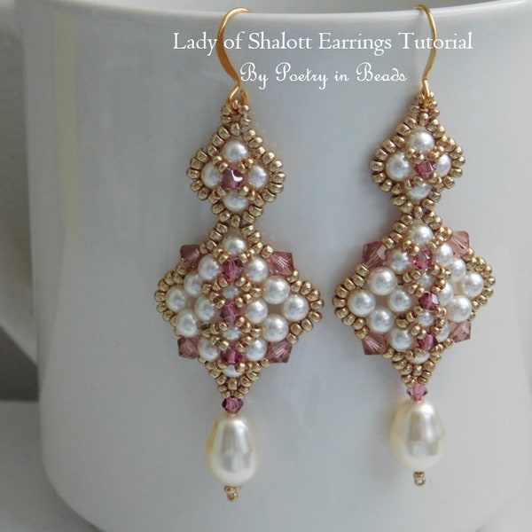 Beaded Jewelry, Lady of Shalott Earrings Tutorial, Beading Pattern, Earrings Pattern, Pearl Earrings, Jewelry Making, Seed Bead Earrings